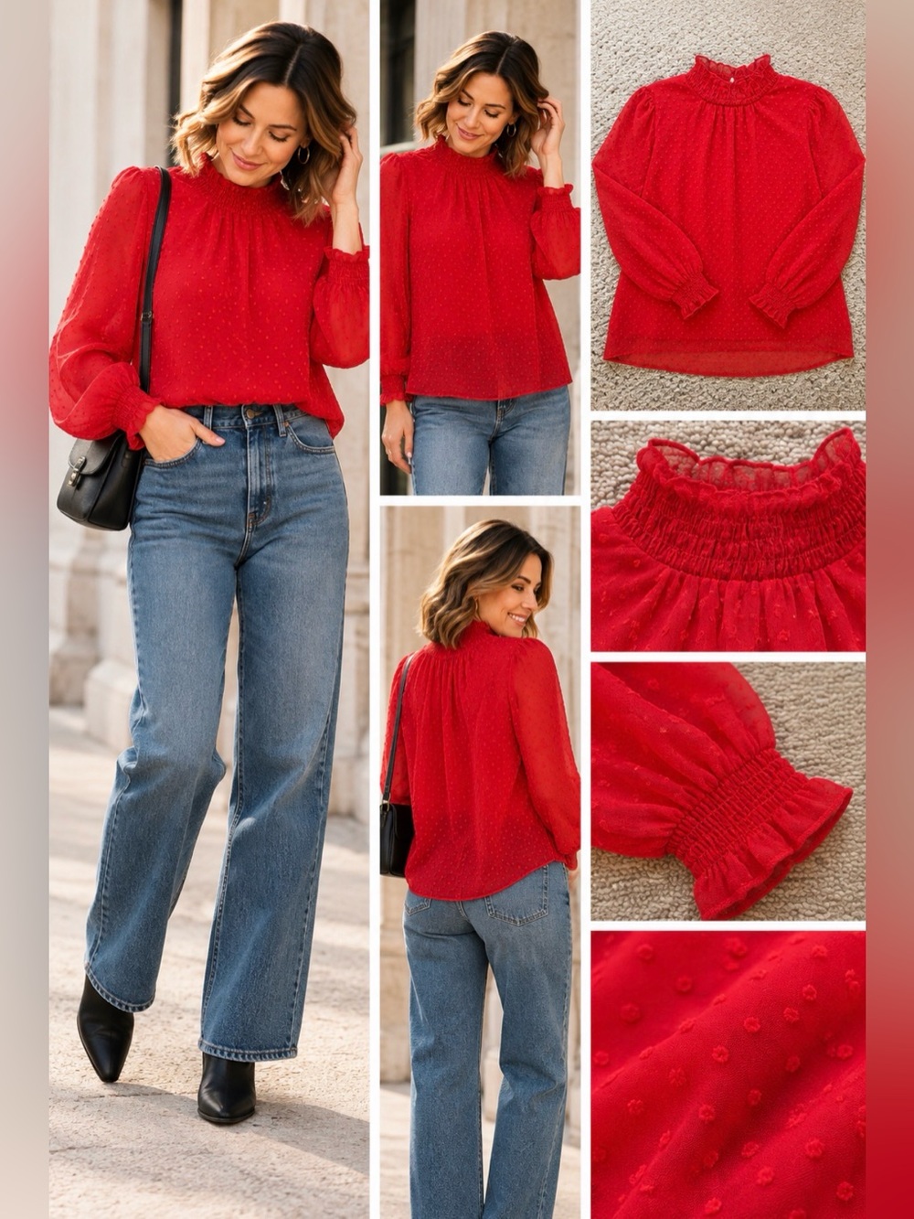 Gibson Red Swiss Dot Ruffled Mock Neck Blouse